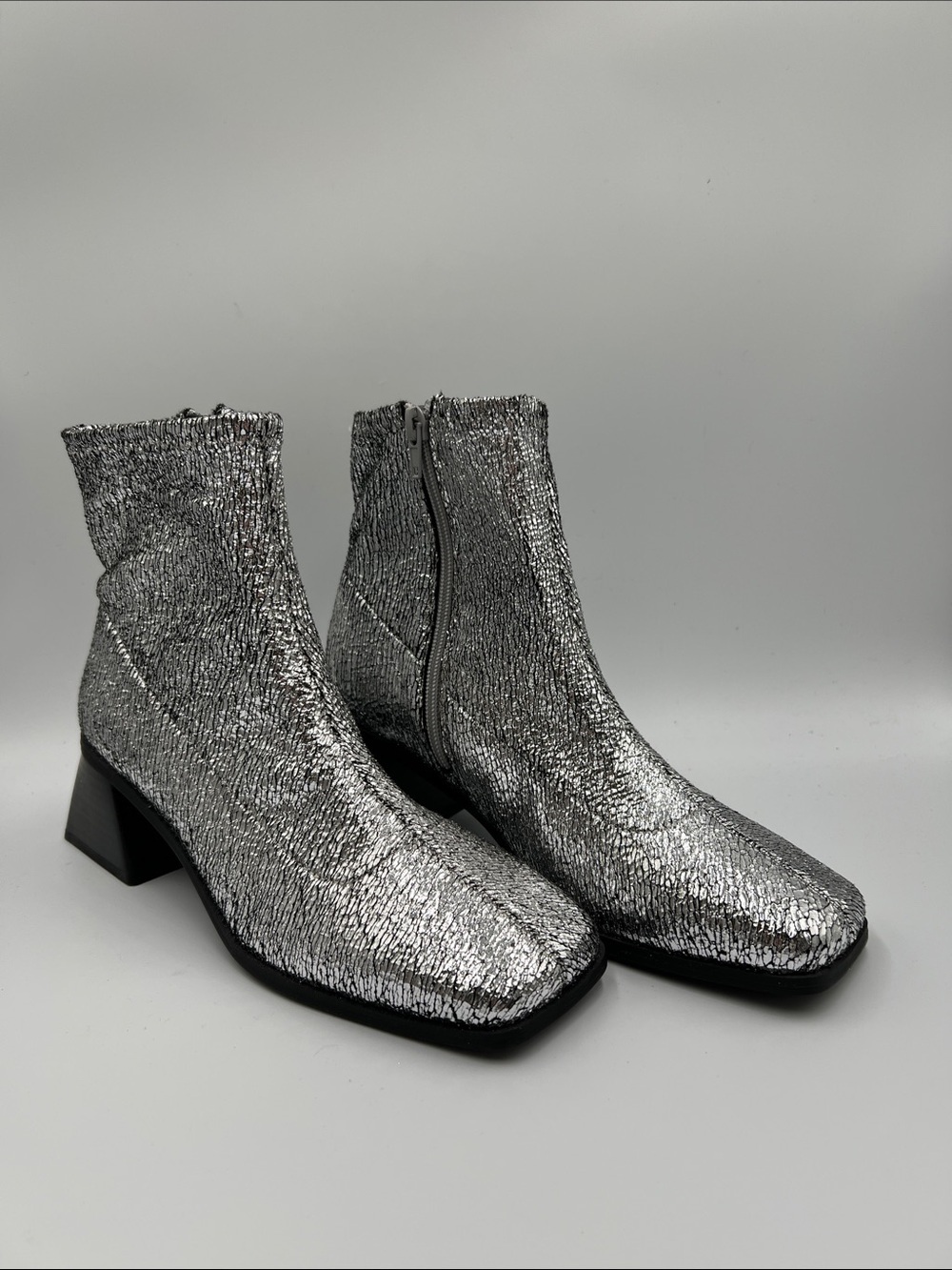 Katy Perry Lolette stretch ankle boot silver metallic block heel zipper new 7 - Picture 2 of 6